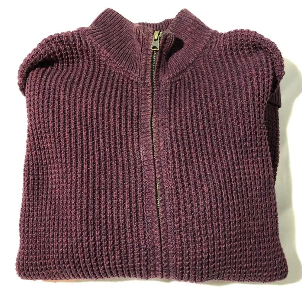 LL Bean mens M organic cotton full zip cranberry red shaker knit cardigan 508221